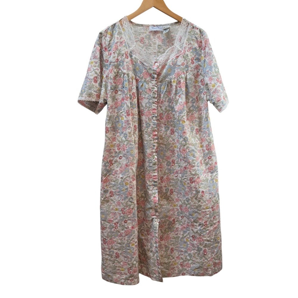 Woman Within Nightgown Women Large Pastel Cotton Floral Seersucker Lace Lounger